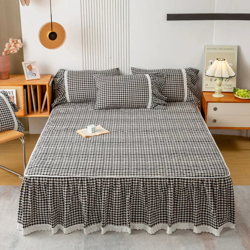 DecorBites™ Cotton Plaid Stripe Ruffles Bedding Set with Lace Accents