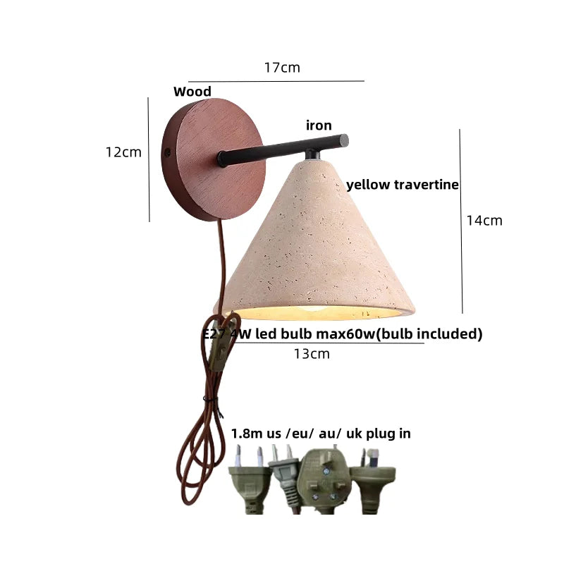 DecorBites™ LED Yellow Travertine Wall Light with Wood Pull Chain Switch and Iron Frame