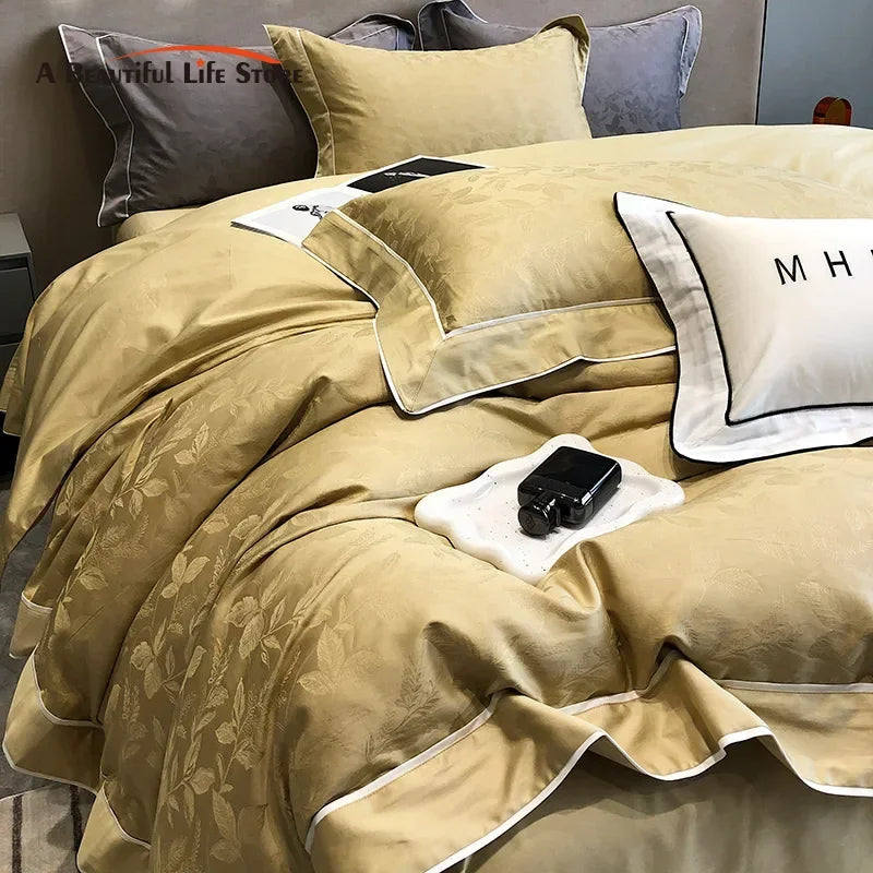DecorBites™ Jacquard Satin & Egyptian Cotton Patchwork Bedding Set - 4pcs