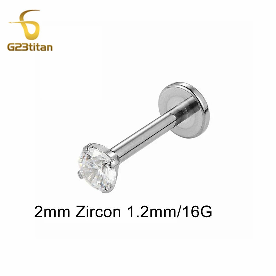 Titanium Labret Stud with Zircon Gem | Internally Threaded Body Jewelry