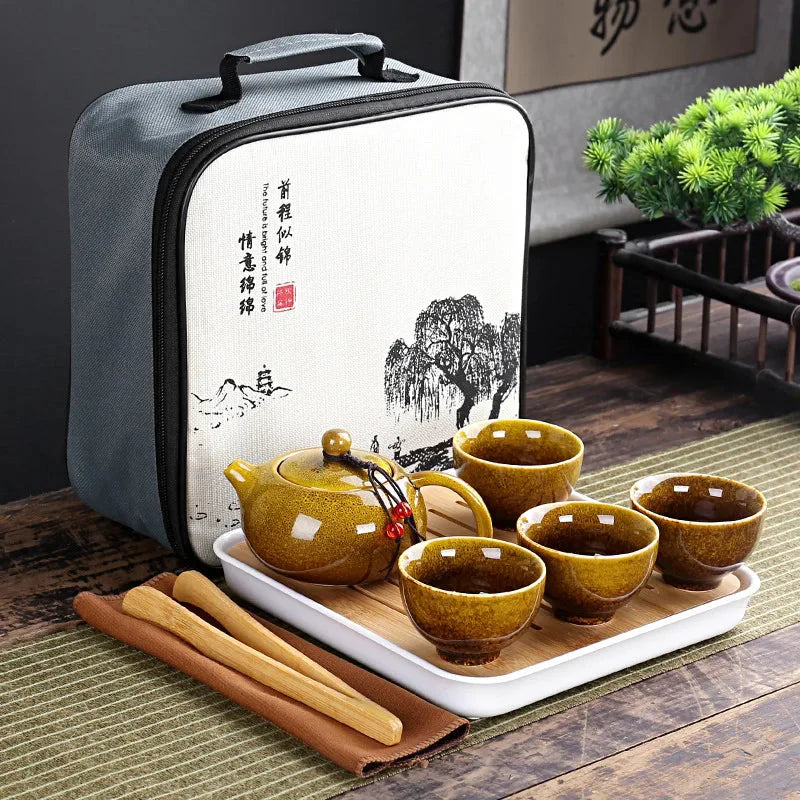 Portable Chinese Kung Fu Travel Tea Set with Carrying Bag & Gaiwan