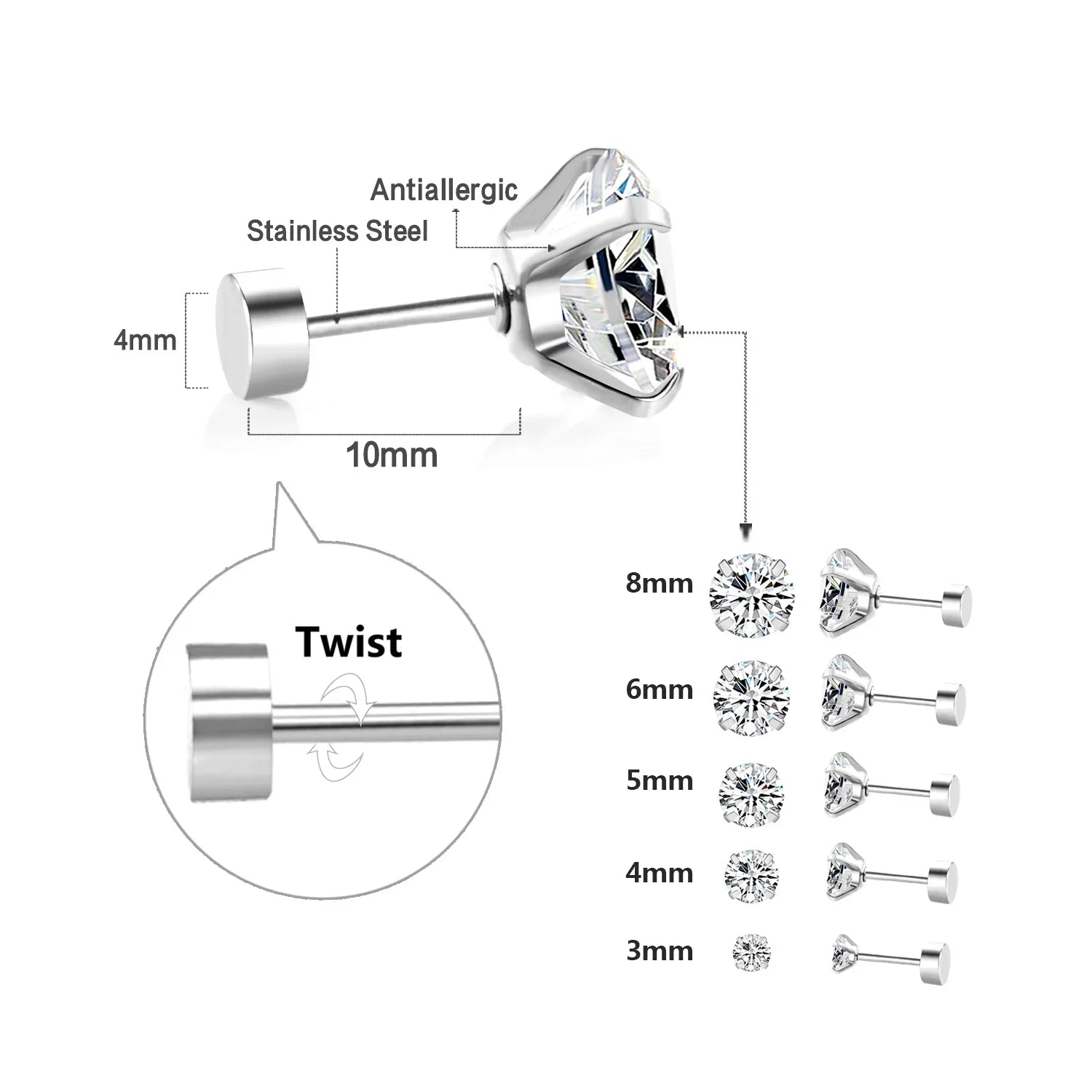 LUXUSTEEL Crystal Zircon Stud Earrings | Screw Back Round CZ Earrings for Men Women
