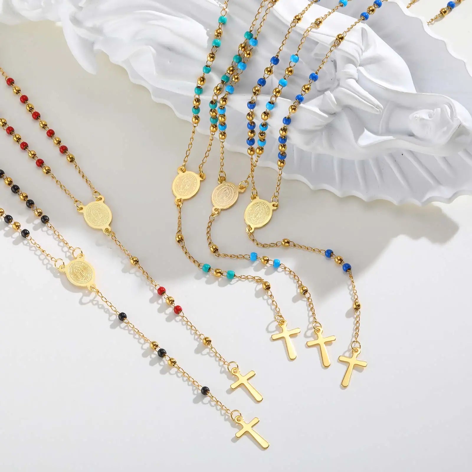 Colored Bead Y-Shaped Cross Necklace | Stainless Steel Catholic Rosary Jewelry for Women