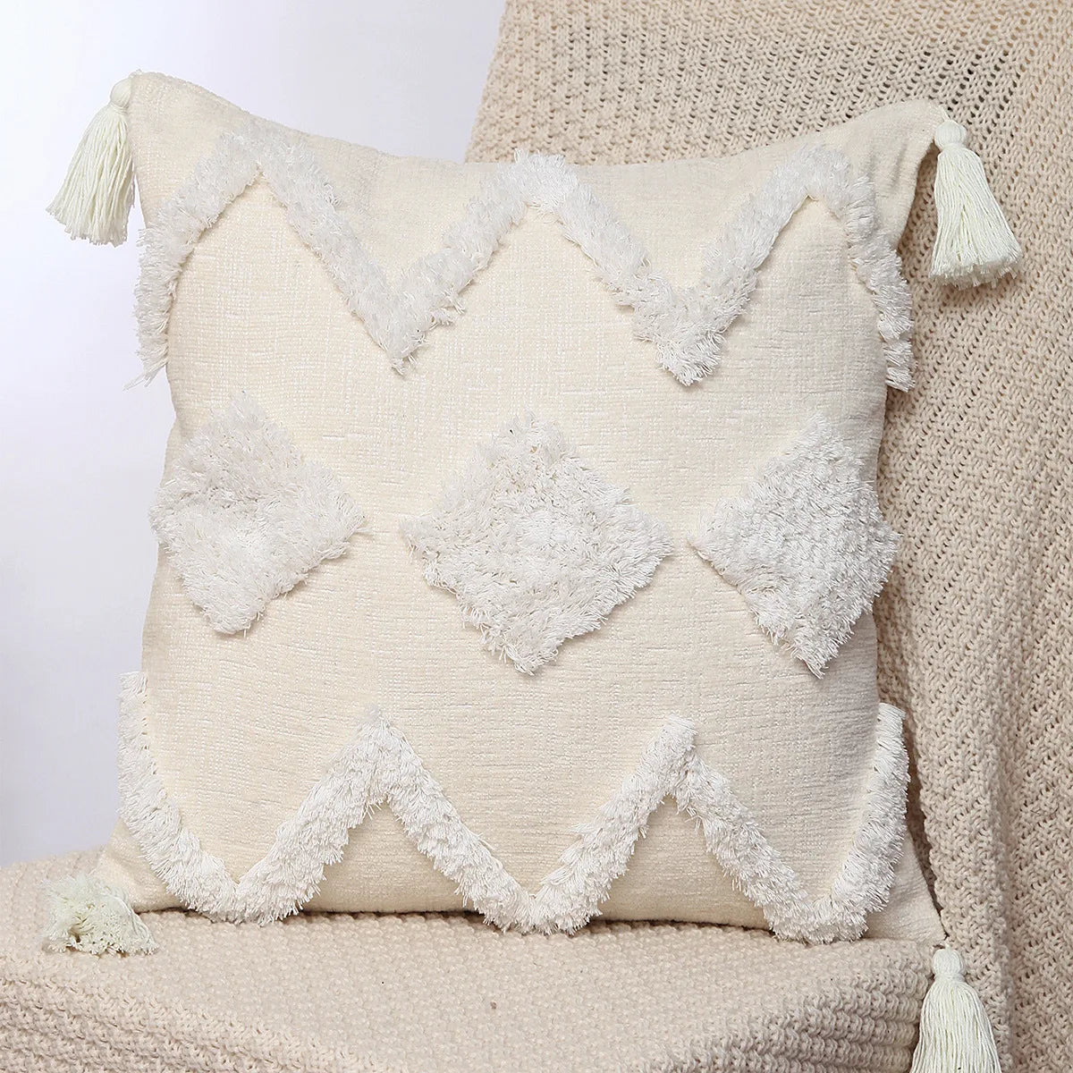 DecorBites™ Geometric Chenille Embroidered Pillow Covers Boho Moroccan Style Decor