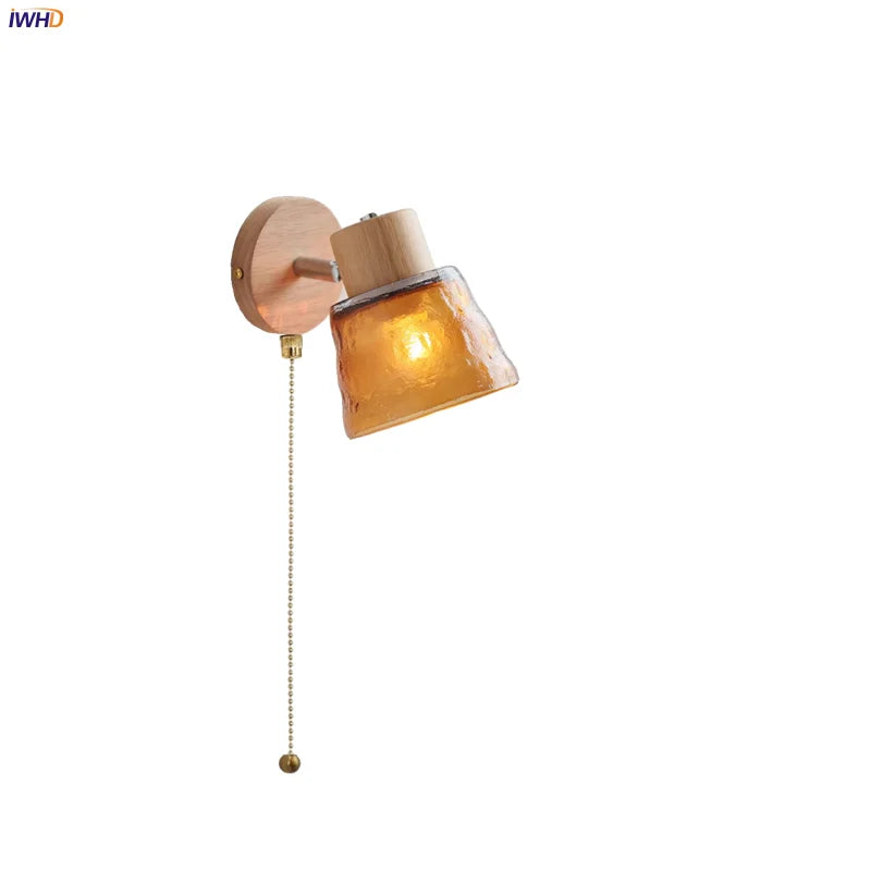 DecorBites™ Amber Glass LED Wall Sconce Nordic Modern Wood Pull Chain Switch Stair Light