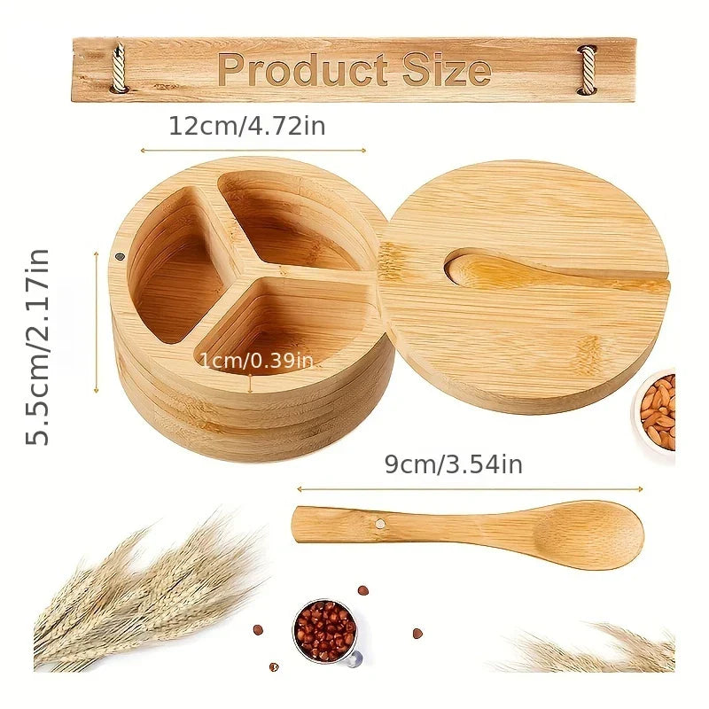 DecorBites™ Bamboo Seasoning Box with Spoon - Rotating Cover Spice Container