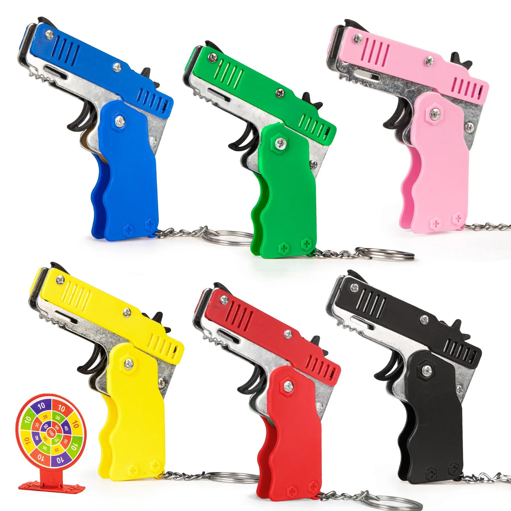 Mini Rubber Band Gun Keychain | Foldable Alloy Toy Gun with 6 Rubber Bands