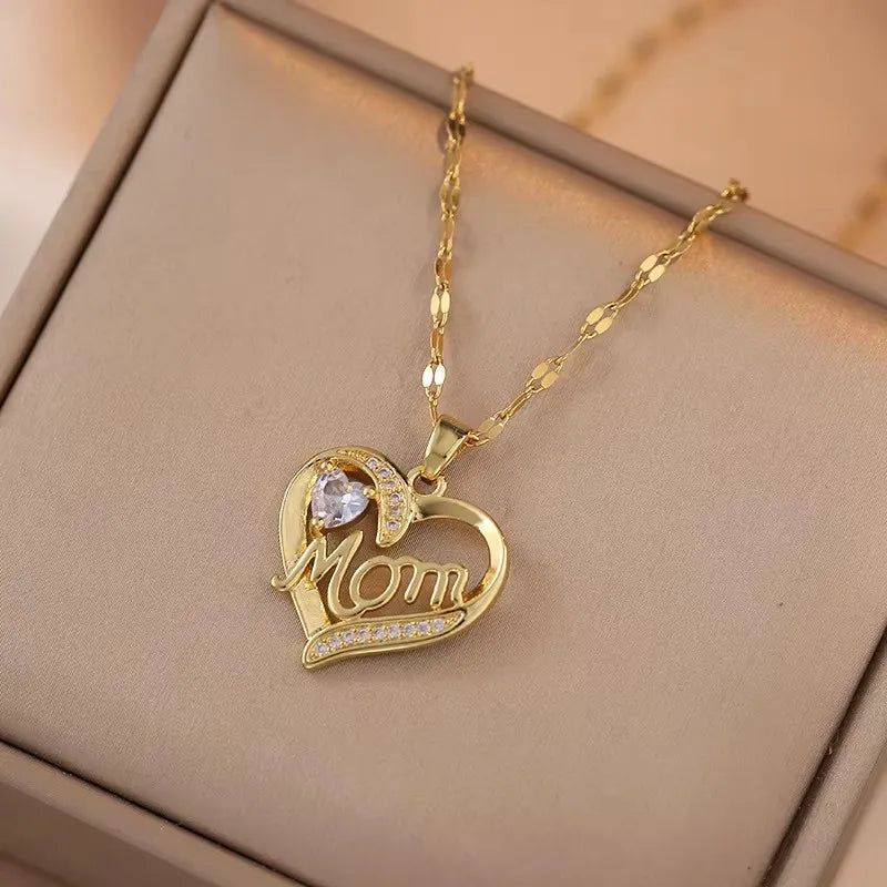 Crystal Heart Mama Necklace | Stainless Steel Pendant Jewelry for Mom