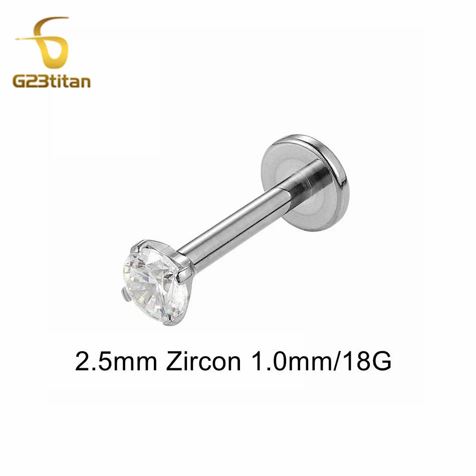 16G 18G Titanium Labret Stud Nose Ring | Zircon Internally Threaded Body Jewelry for Tragus and Helix