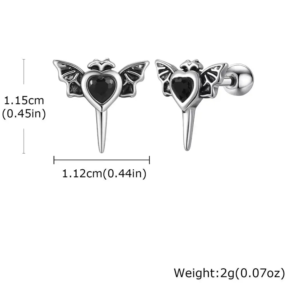 Stainless Steel Heart Zircon Wings Stud Earrings | Unisex Vintage Punk Gothic Jewelry