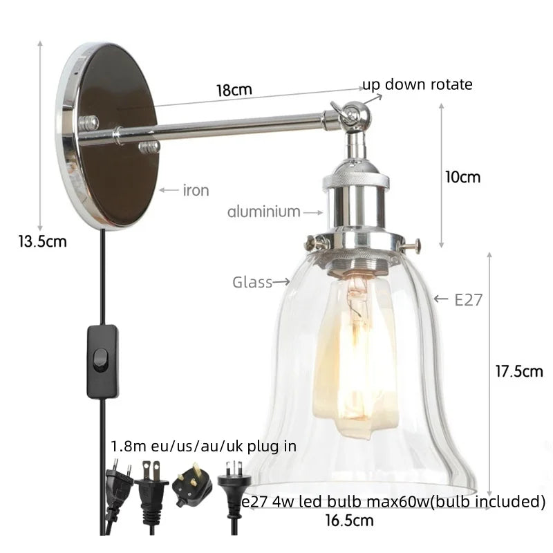 DecorBites™ Industrial Vintage LED Wall Sconce Stair Loft Bedside Lamp Glass Mirror Light