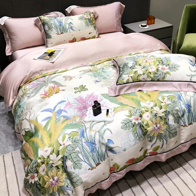 DecorBites™ Eucalyptus Lyocell Flowers Duvet Set with Sheet & Pillowcases