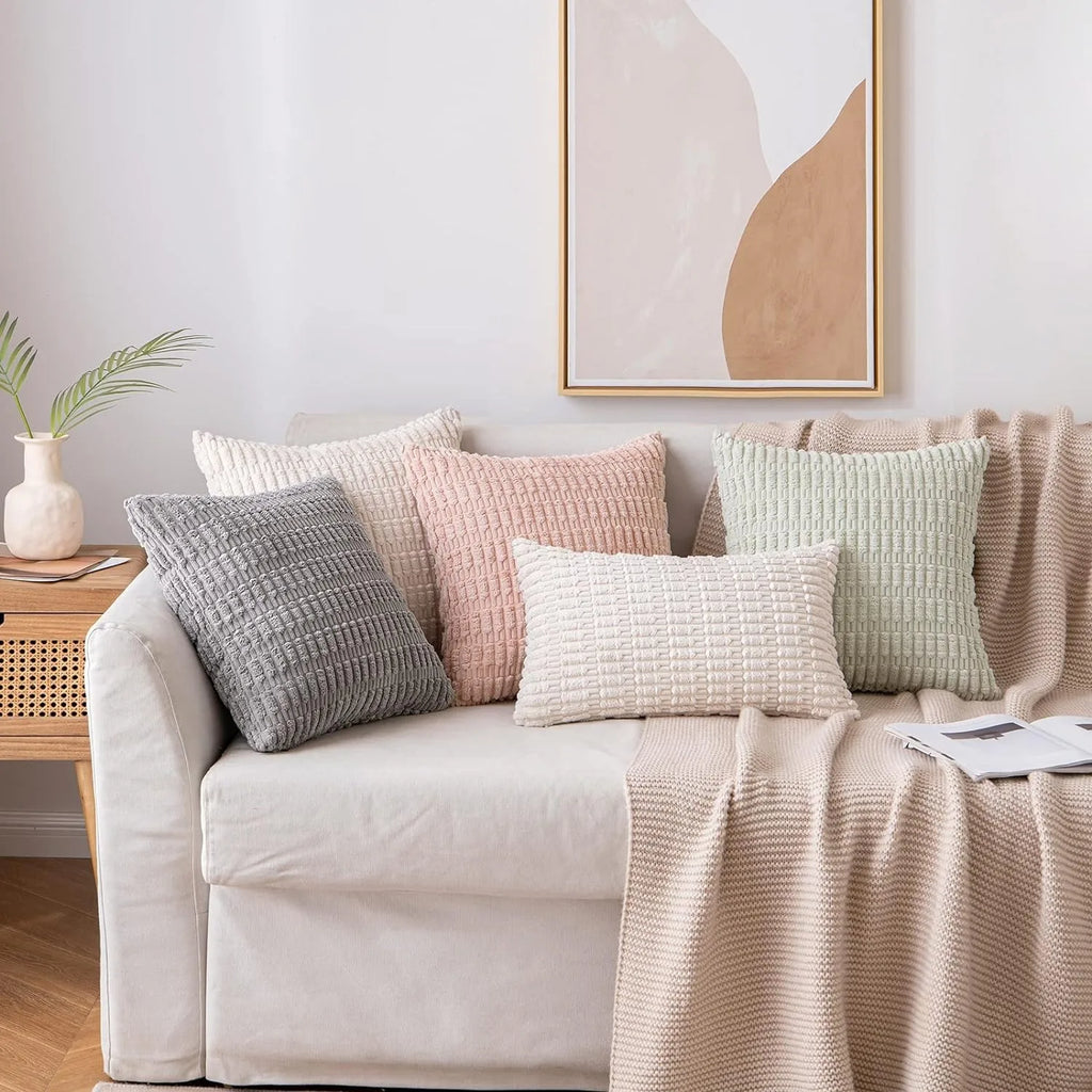 DecorBites™ Corduroy Striped Throw Pillow Covers | Soft White Decorative Square Cushion Case