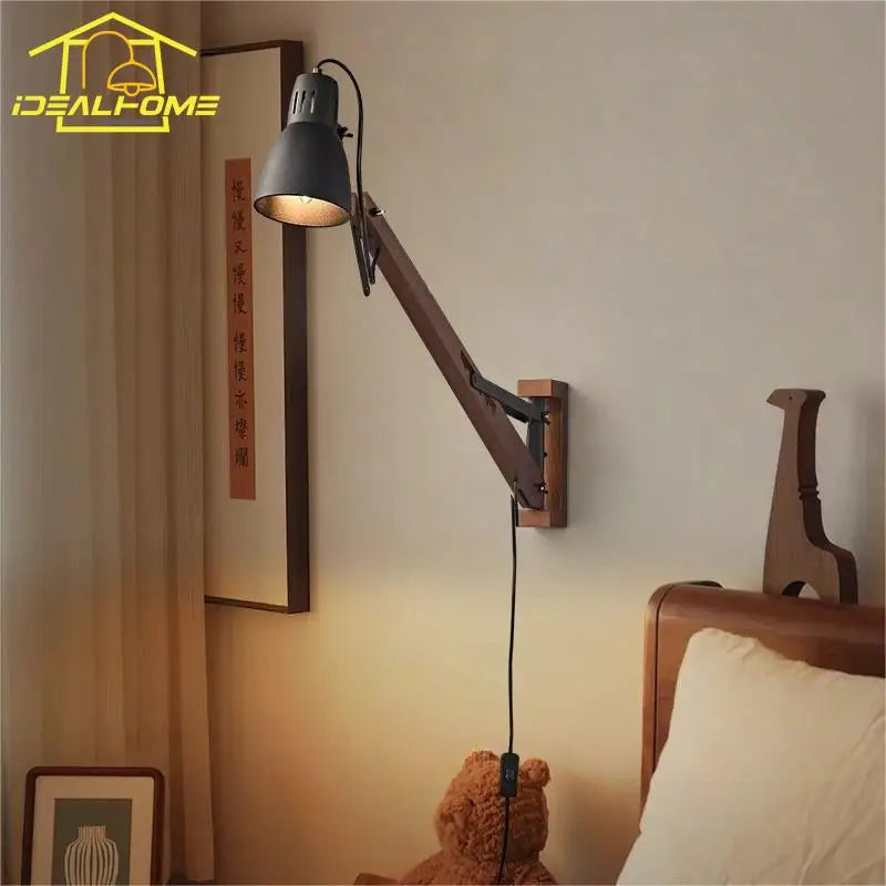 DecorBites™ LED Long Pole Swing Arm Wall Lamp, Solid Wood, Adjustable, Industrial Designer