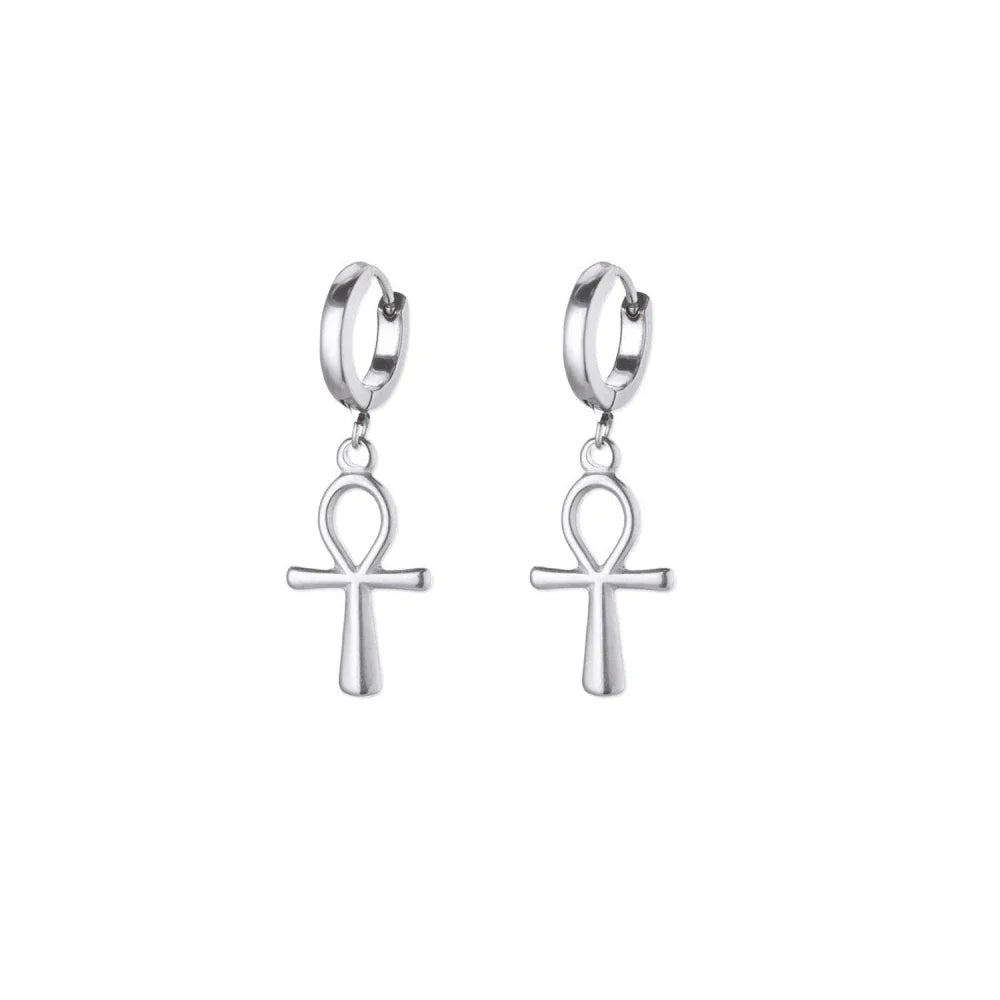 18K Gold Plated Portrait Coin Earrings | Stainless Steel Jesus Cross Dangle Huggie Earrings