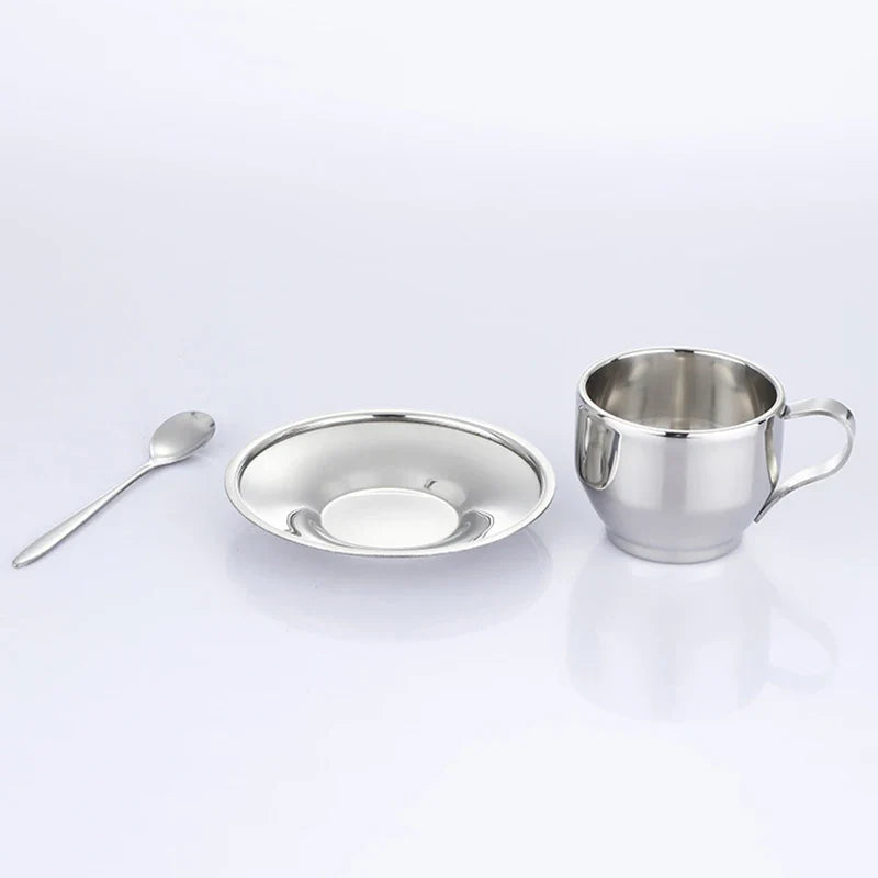 Double Wall Stainless Steel Coffee Cup Set | 180ml/200ml Hot Drink Set with Saucer and Spoon