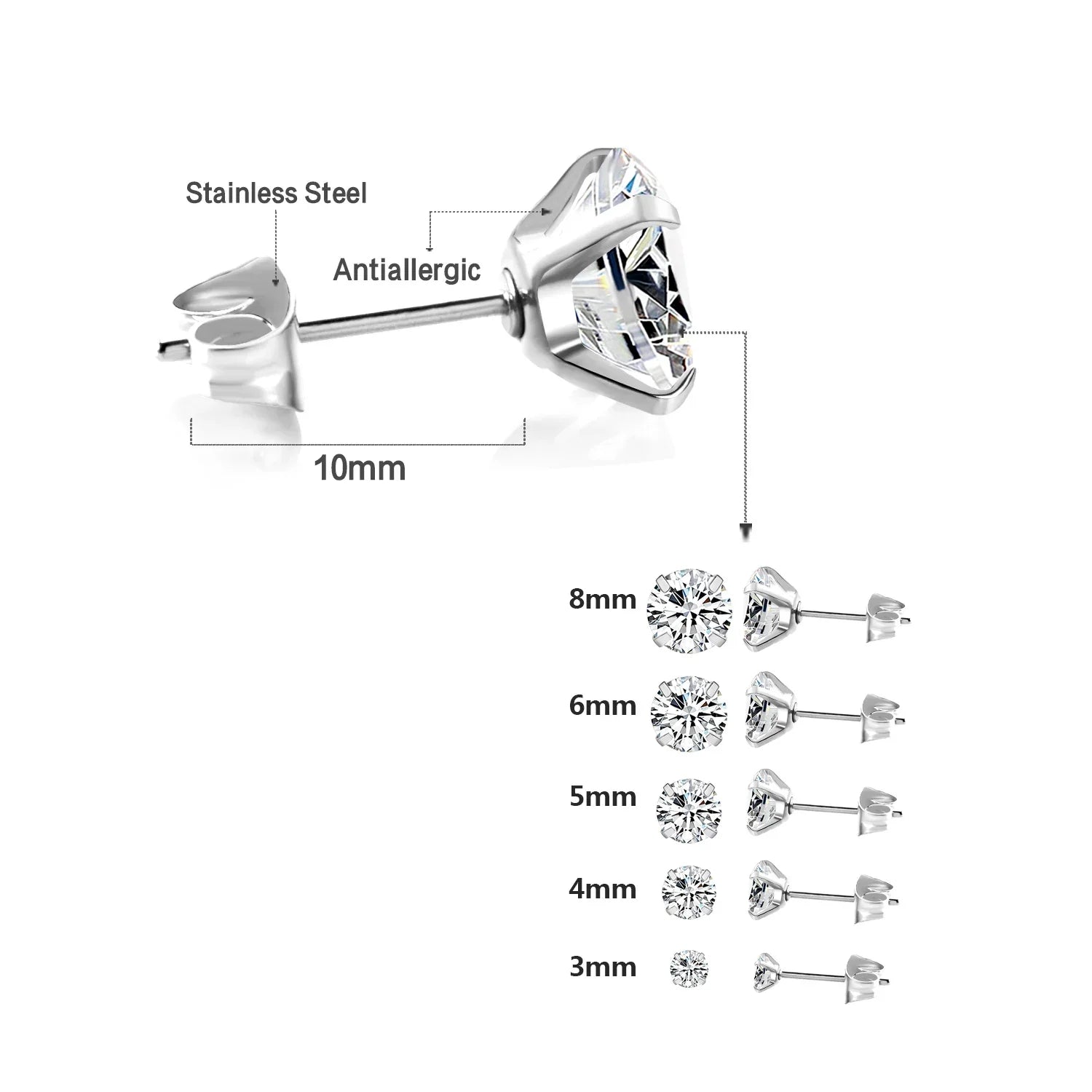 LUXUSTEEL Crystal Zircon Stud Earrings | Screw Back Round CZ Earrings for Men Women