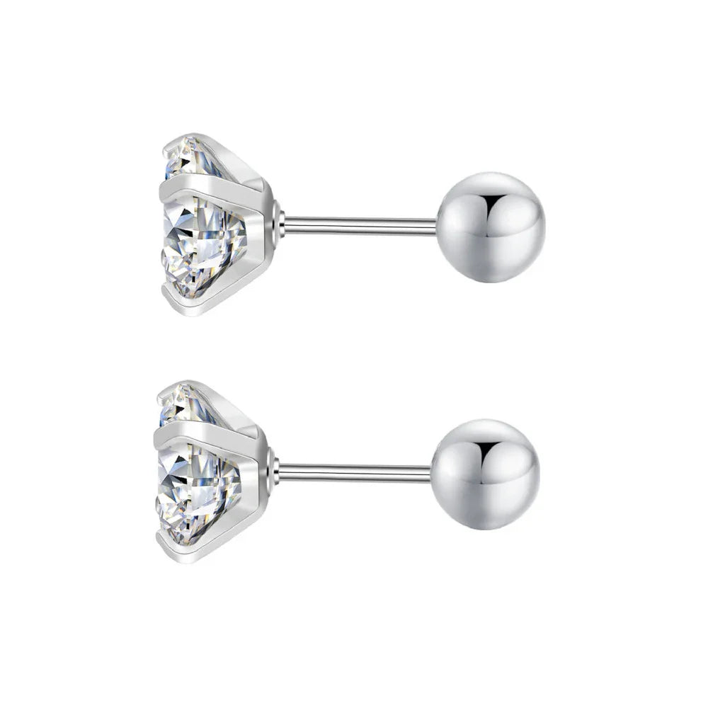 Stainless Steel Cubic Zirconia Stud Earrings | Screw-Back CZ Earrings for Women and Men