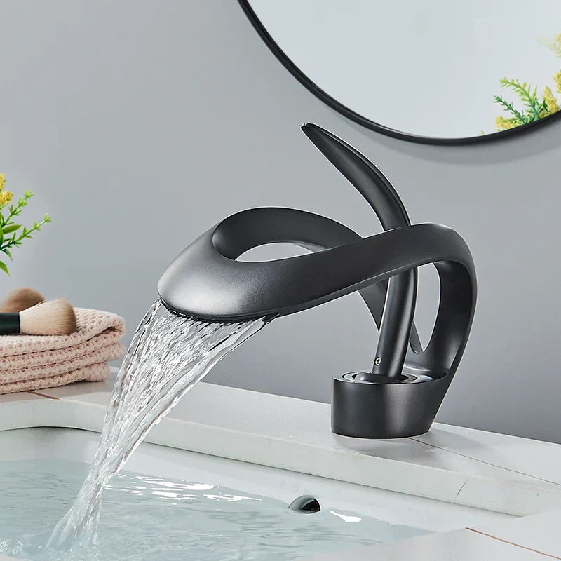 DecorBites™ Black Brass Waterfall Basin Faucet, Single Handle Deck Mount Vanity Tap