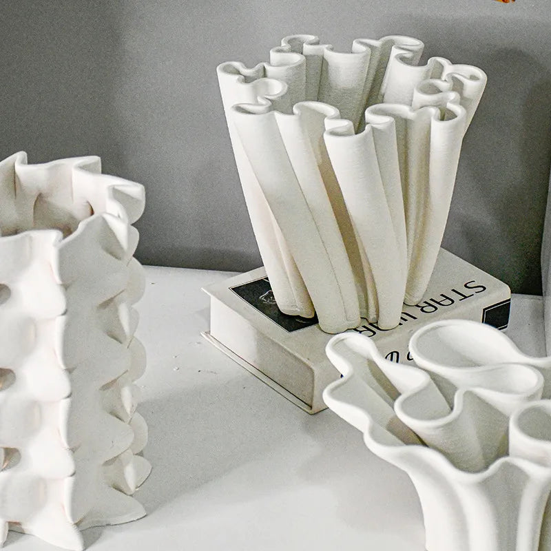DecorBites™ Geometric Ceramic Fold Pattern Flower Vase Decorative Home Ornament