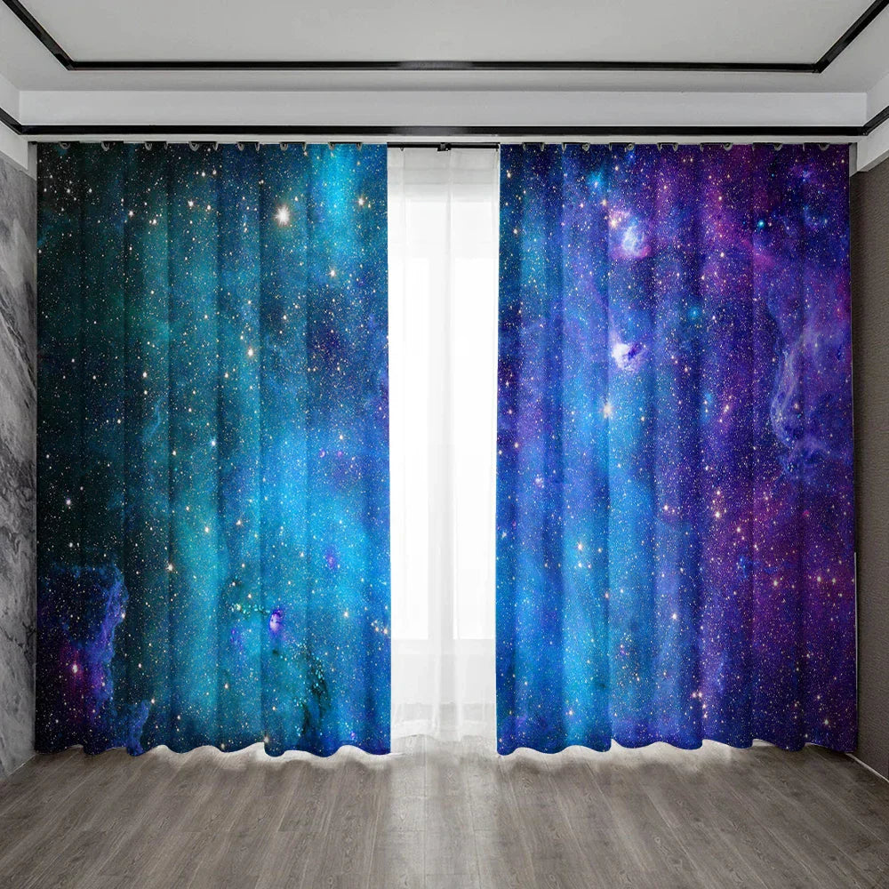 DecorBites™ Dark Blue Forest & City Night View Modern Printed Curtains