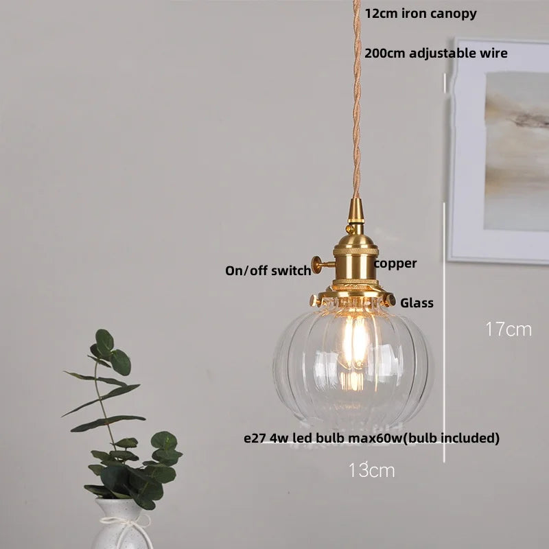 Industrial brass ribbed glass globe pendant light fixture kitchen