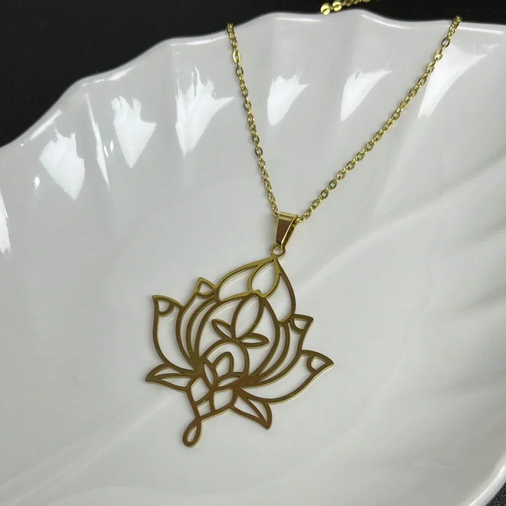 Stainless Steel Unalome Pendant Necklace | Yoga Jewelry with Lotus Flower