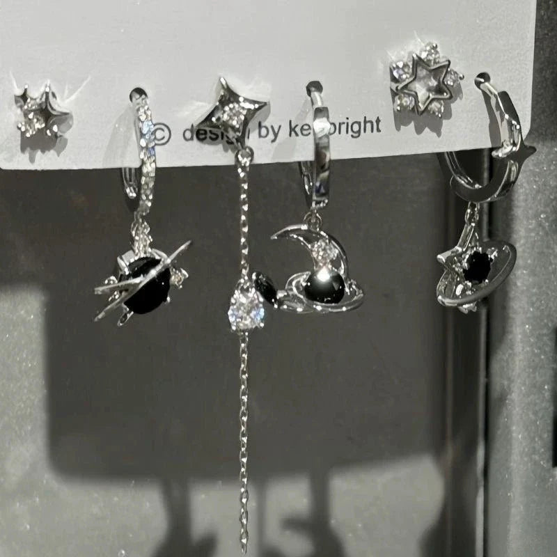 6PCS Goth Punk Vintage Aesthetic Crystal Heart Moon Cross Star Pendant Earrings Set | Grunge Y2K Jewelry
