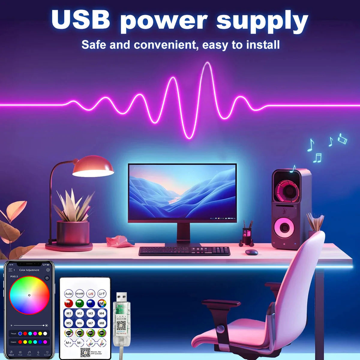 5V RGBIC Neon Strip Lights – Bluetooth USB LED Ribbon