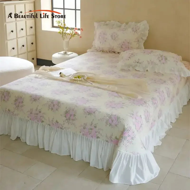 DecorBites™ Cotton Floral Ruffles Quilted Bedspread Set with Pillowcases