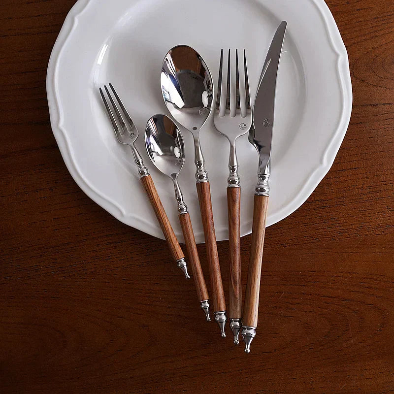 DecorBites™ 5-Piece Stainless Steel Western Tableware Set, Solid Wood Handle, Natural Yellow