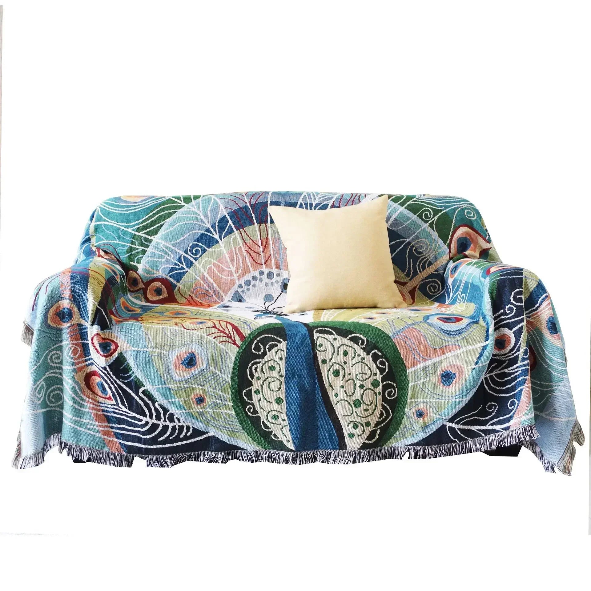 DecorBites™ Knit Sofa Blanket Cover - Butterfly and Peacock Design for Single and Double Sofas.