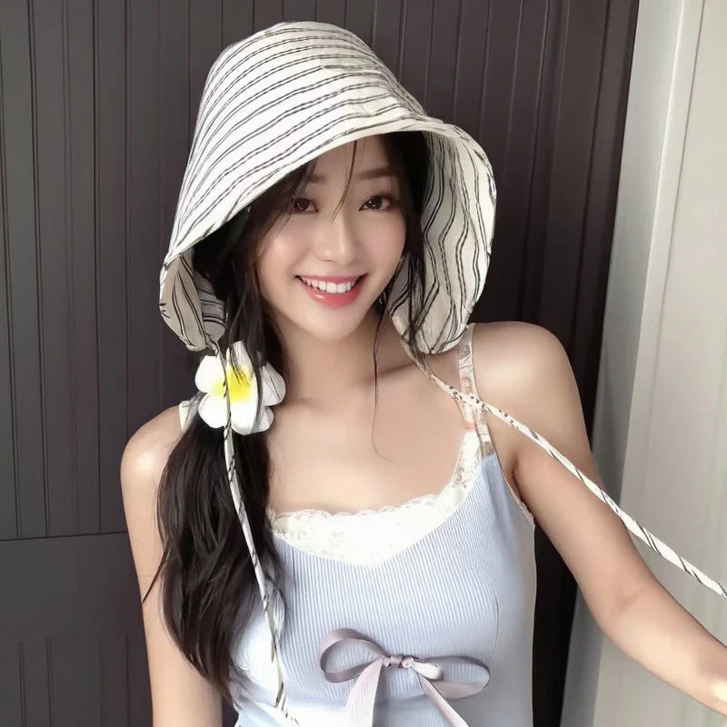 Women's Large Brim Foldable Bucket Hat with Chin Strap | Korean Style Striped Panama Sun Hat