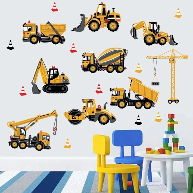 Cartoon Excavator Construction Wall Decals | Baby Boy Nursery Kids Room Stickers