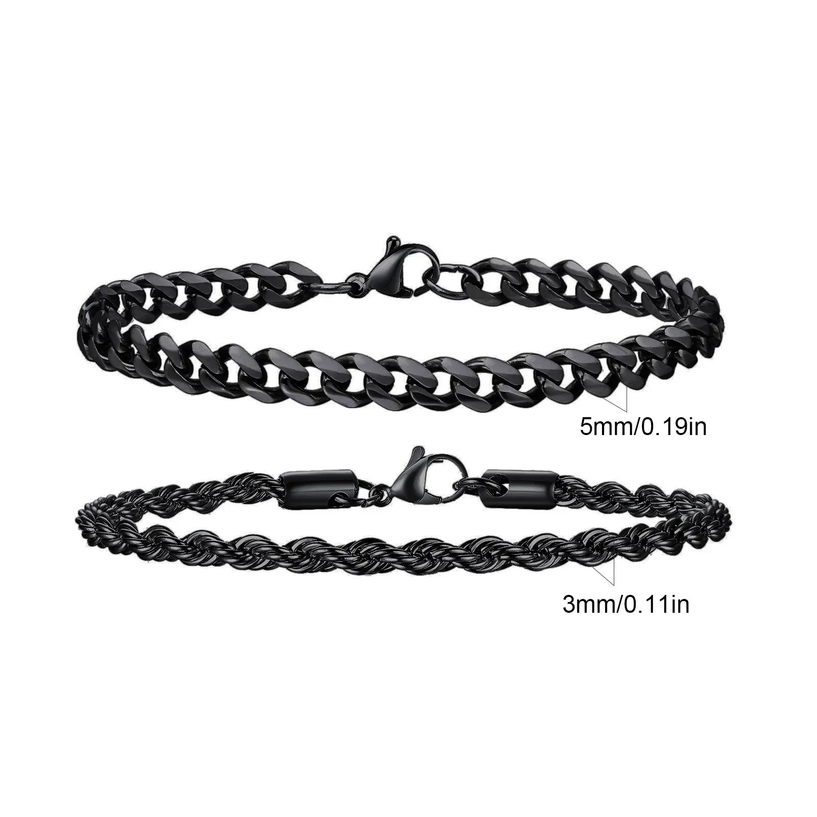 Men's Stainless Steel Chain Bracelets Set | 2pcs Silver Gold Black Twist Rope & Cuban Link