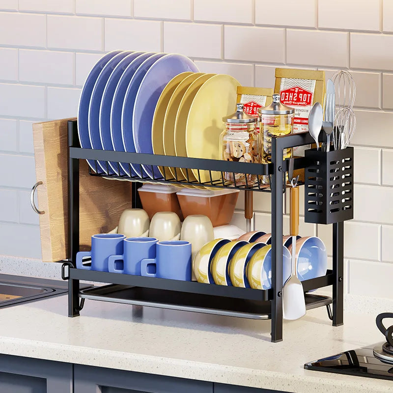 DecorBites™ 2 Tier Kitchen Dish Rack Drainer Plate Storage Organizer Drainboard
