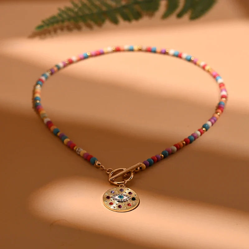 Colorful Stone Choker Necklace | Round Evil Charm Pendant for Women