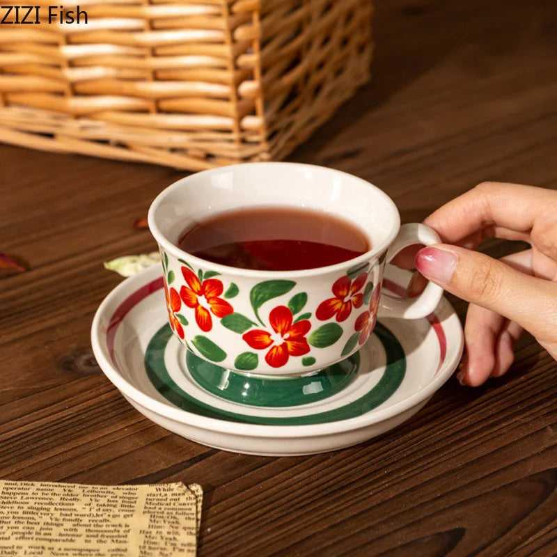 DecorBites™ Flowers Pattern Ceramic Cup&saucer Set Gold-plated Coffee Tea Mug Juice Container