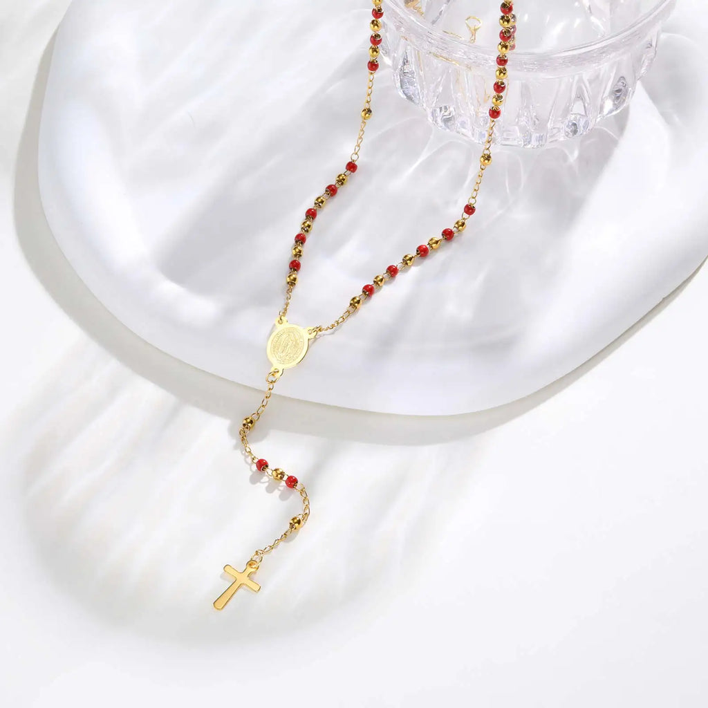 Colored Bead Y-Shaped Cross Necklace | Stainless Steel Catholic Rosary Jewelry for Women