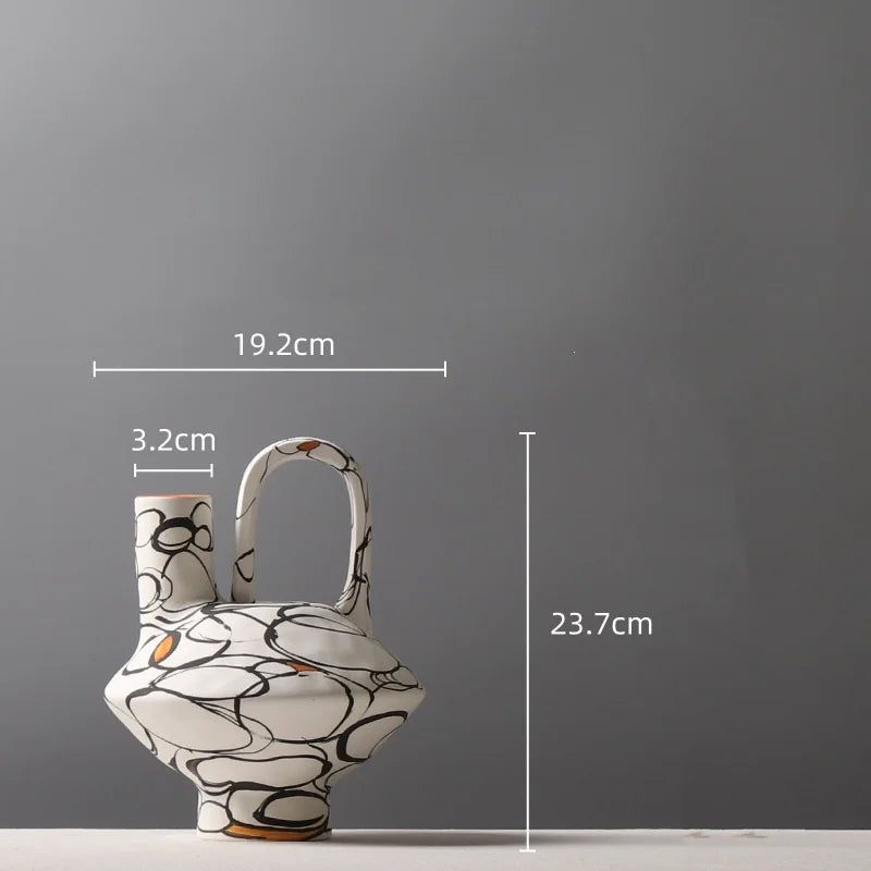 DecorBites™ Geometric Graffiti Ceramic Vase with Handles for Home Decor and Floral Arrangements.
