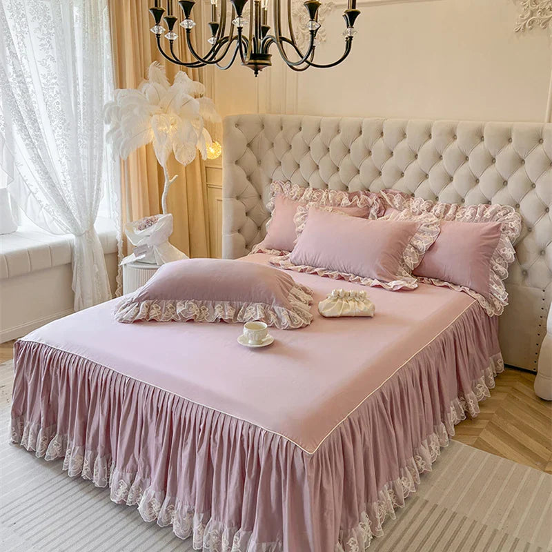 DecorBites™ Korean Princess Lace Ruffles Bedding Set in Bean Paste Pink