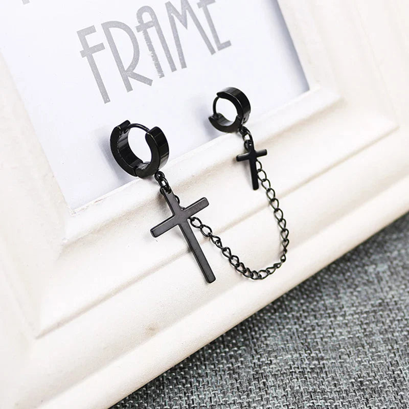 Fashion Punk Cross Pendant Clip Earring | Unisex Metal Chain Tassel Ear Cuff