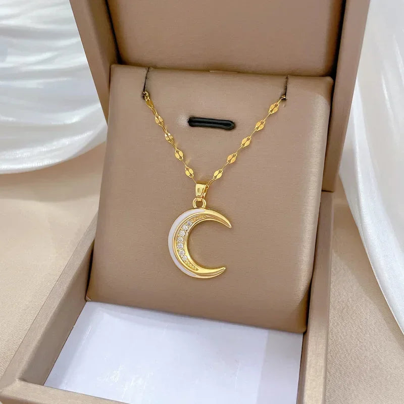 Stainless Steel Crescent Moon Pendant Necklace | Vintage Gold Choker Jewelry for Women