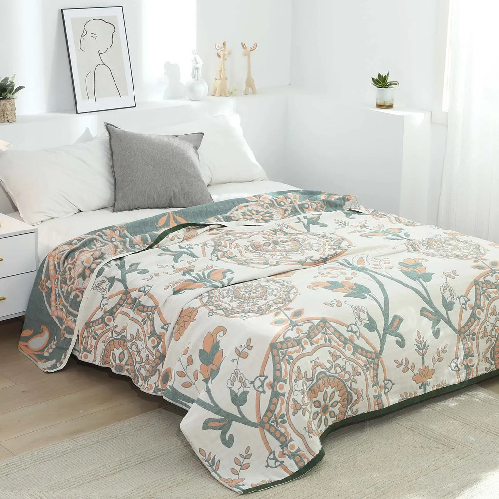 Boho mandala cotton summer blanket bedroom teal & orange throw