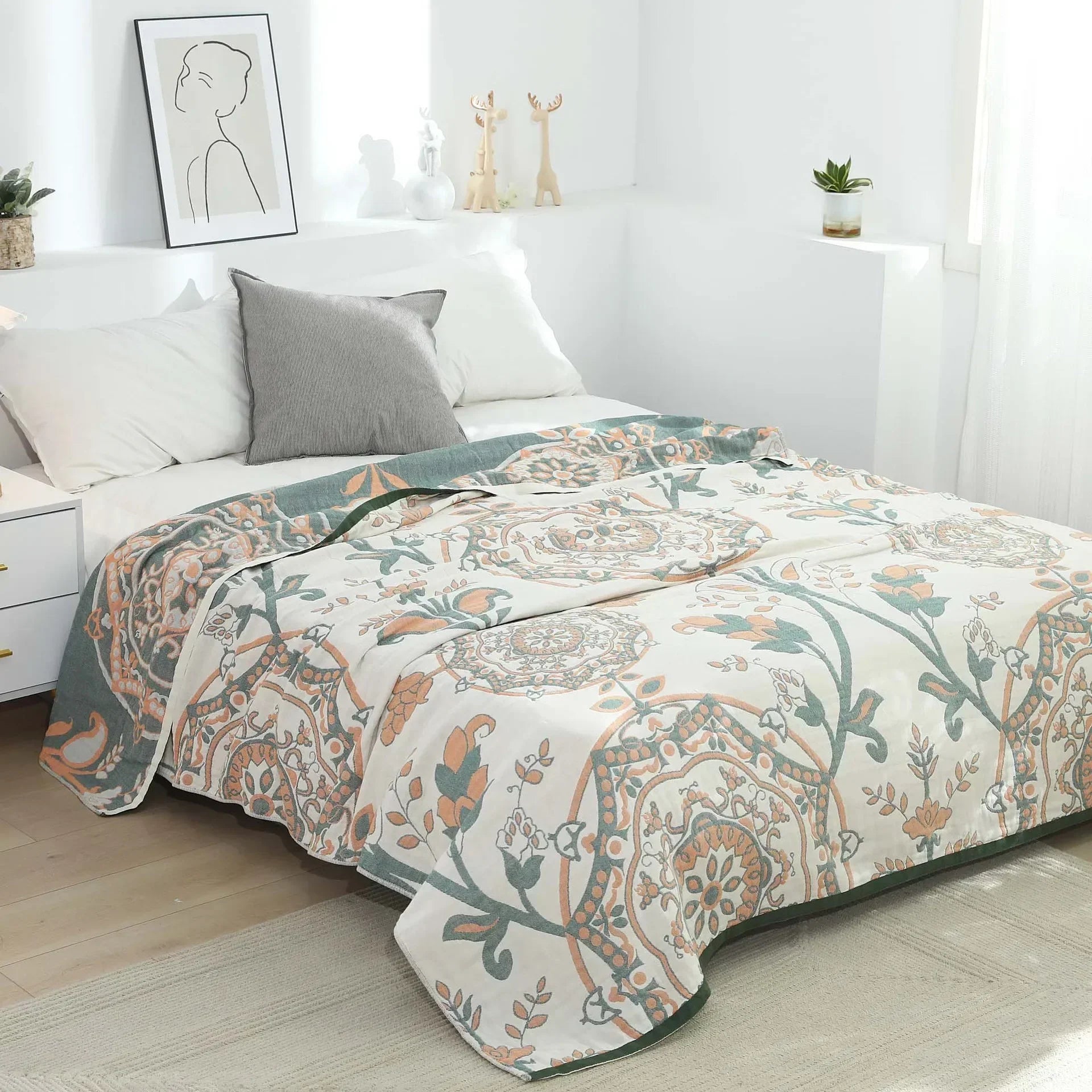 Boho mandala cotton summer blanket bedroom teal & orange throw