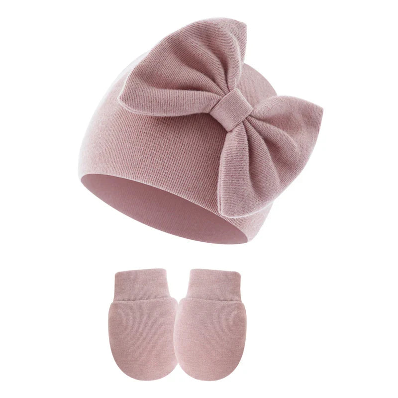 2Pcs Baby Girl Hat and Gloves Set | Newborn Princess Beanie with Big Bow for 0-6 Months