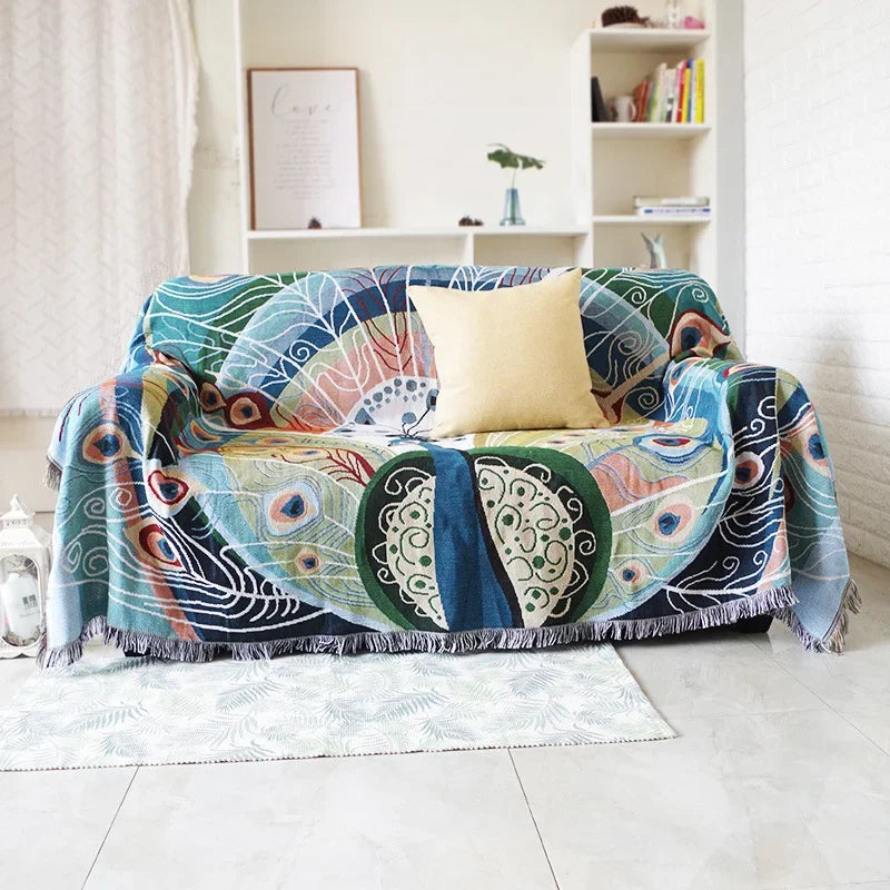 DecorBites™ Knit Sofa Blanket Cover - Butterfly and Peacock Design for Single and Double Sofas.