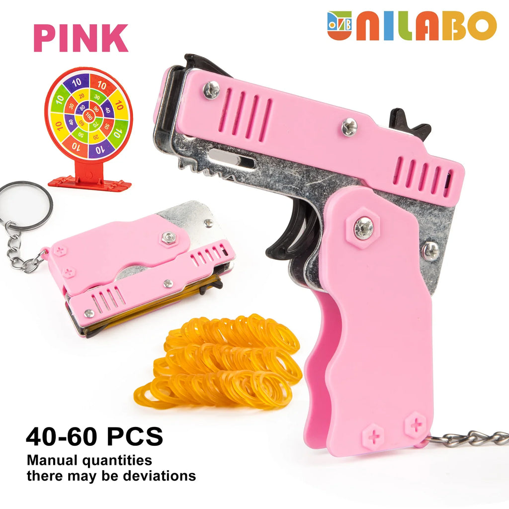 Mini Rubber Band Gun Keychain | Foldable Alloy Toy Gun with 6 Rubber Bands