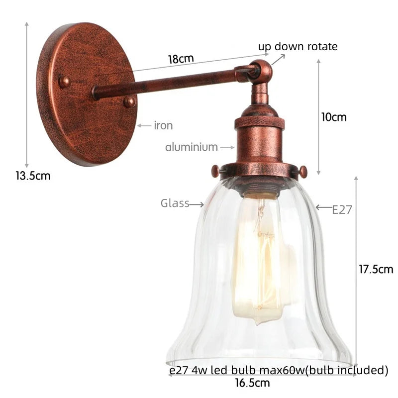 DecorBites™ Industrial Vintage LED Wall Sconce Stair Loft Bedside Lamp Glass Mirror Light
