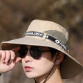 Windproof Men Outdoor Hat | Wide Brim Flat Top Fisherman Hat with Letter Print and Anti-UV Strap